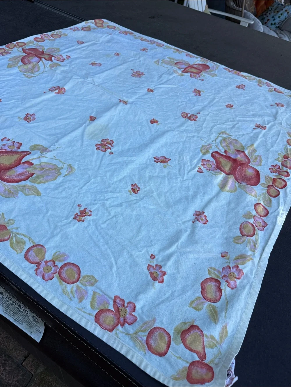 April Cornell cream Table cloth with Pink and Peach Pear Fruit Border